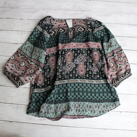 BCX Women's Boho Top Size M Green Pink Floral 3/4 Sleeves - Picture 3 of 7